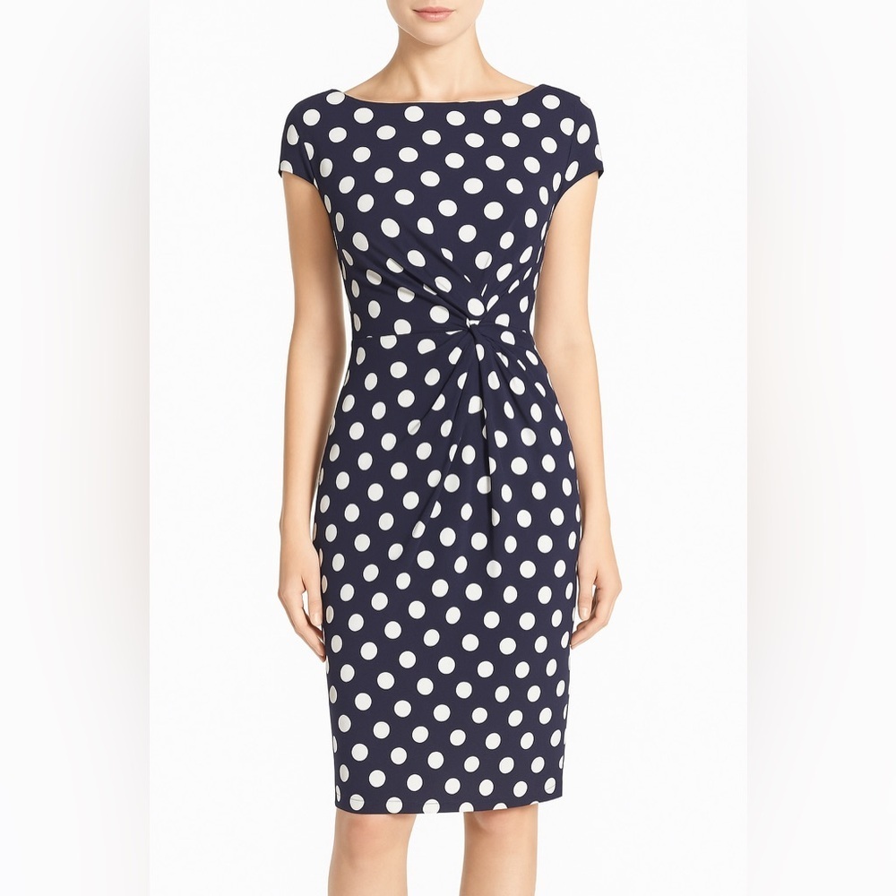Eliza J Womens Polka Dot Navy White Midi Dress Size 8 Draped Ruched Classic